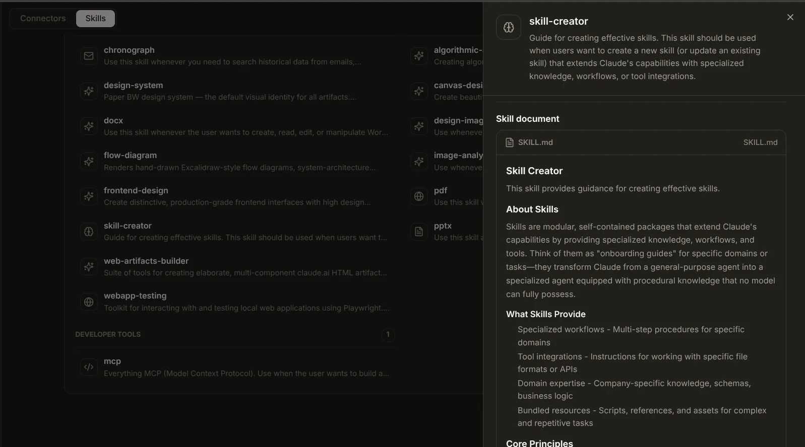 Skill detail side panel for the skill-creator skill, showing the Skill document tab with the SKILL.md content.