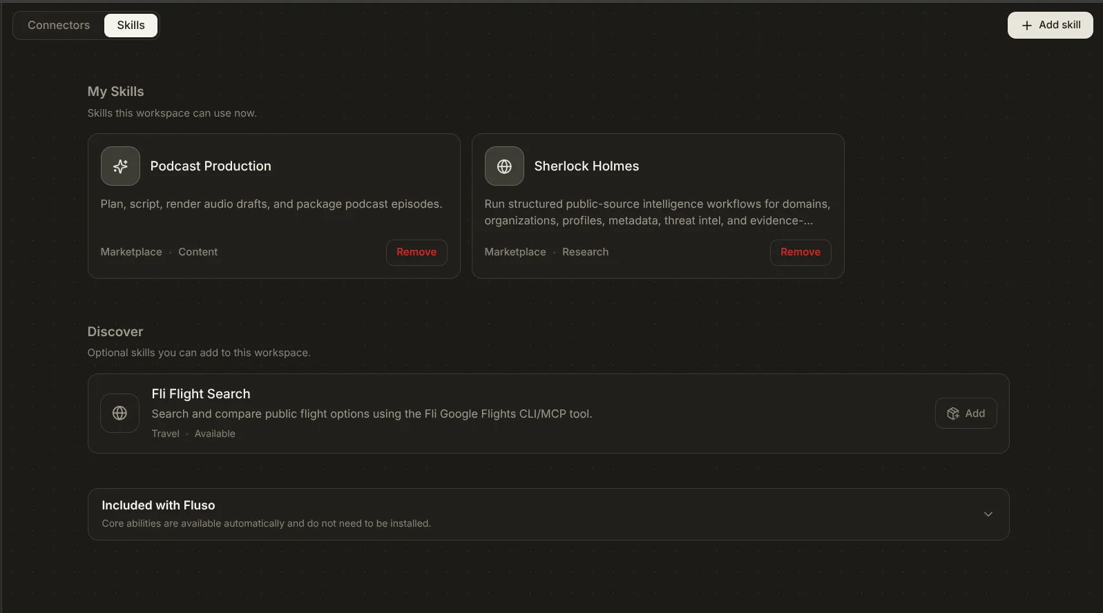 Fluso Skills page with three sections: My Skills (Podcast Production, Sherlock Holmes), Discover (Fli Flight Search), and Included with Fluso, with an Add skill button at the top right.