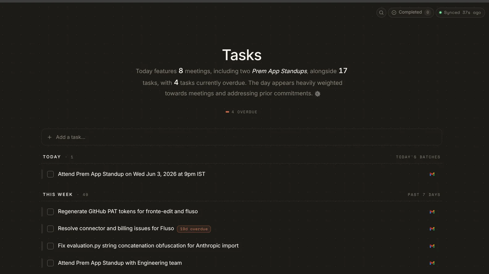 Fluso Tasks page: daily brief at the top reading 'Today features 8 meetings, including two Prem App Standups, alongside 17 tasks, with 4 tasks currently overdue', a 4 OVERDUE pill below it, an Add a task input, then Today and This week sections with task rows showing Gmail source icons on the right. Completed and Synced pills sit at the top right.