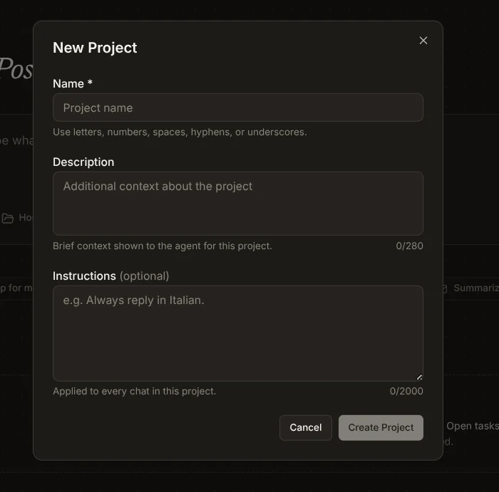 New Project dialog with three fields: Name (required, with placeholder 'Project name' and helper text 'Use letters, numbers, spaces, hyphens, or underscores.'), Description (optional, 'Additional context about the project', up to 280 characters), and Instructions (optional, placeholder 'e.g. Always reply in Italian.', up to 2000 characters, with helper text 'Applied to every chat in this project.'). Cancel and Create Project buttons at the bottom right.