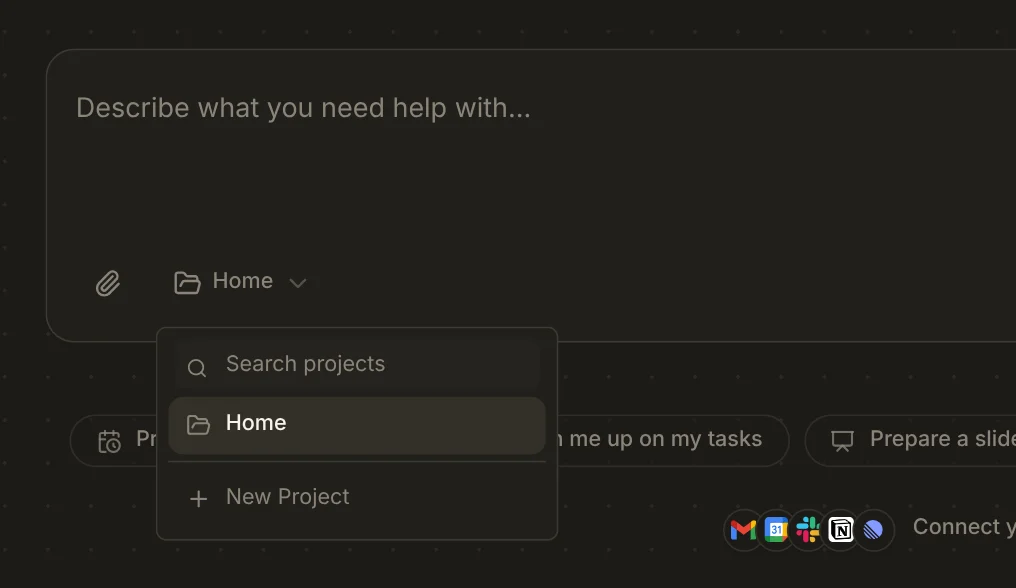 Chat composer with the folder picker dropdown opened: a Search projects field, the current Home project highlighted, and a + New Project option at the bottom.