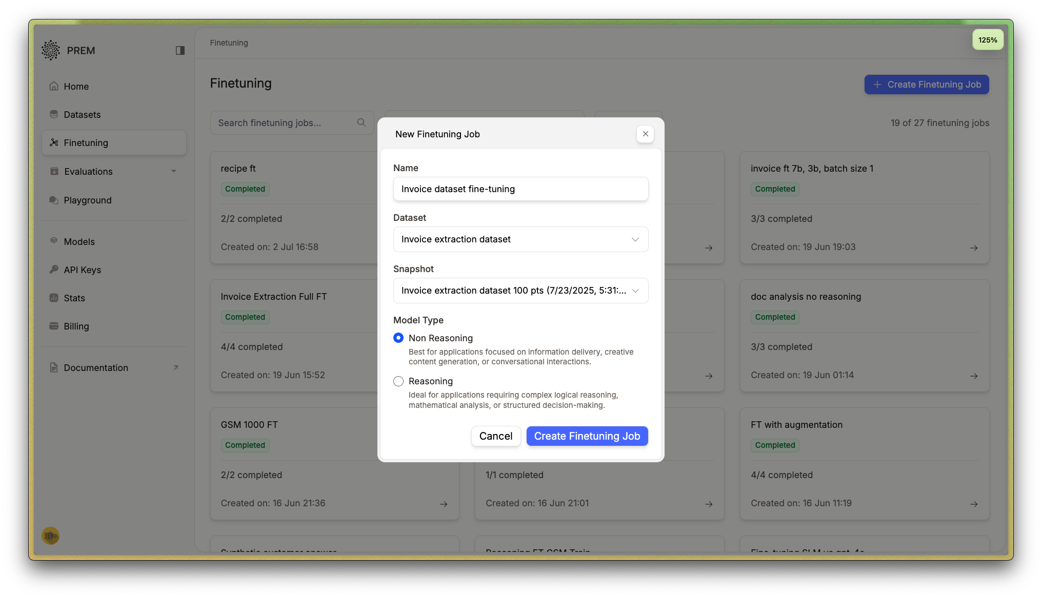 Creating a new fine-tuning job in Prem Studio