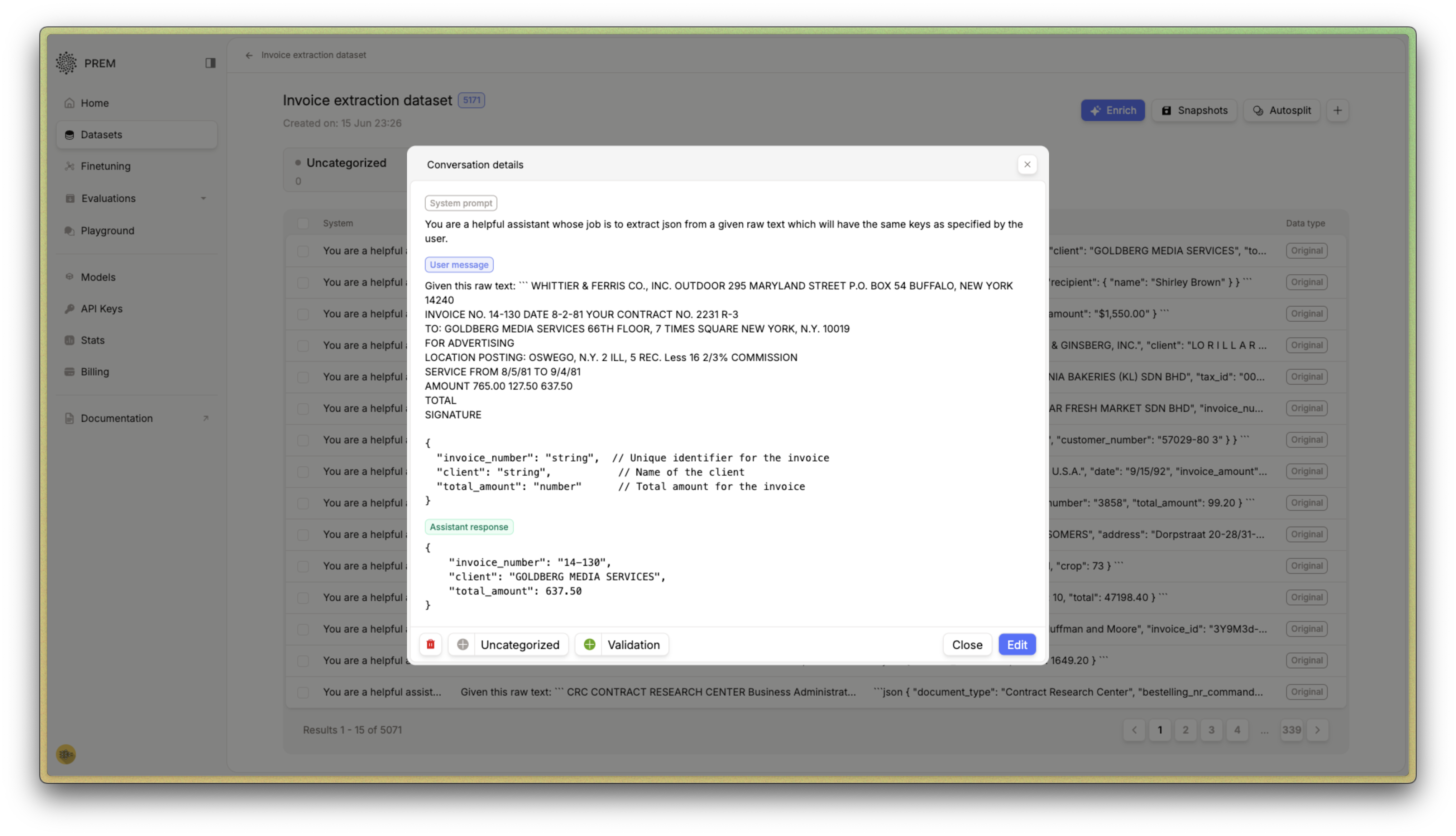 Invoice dataset sample showing input and expected output