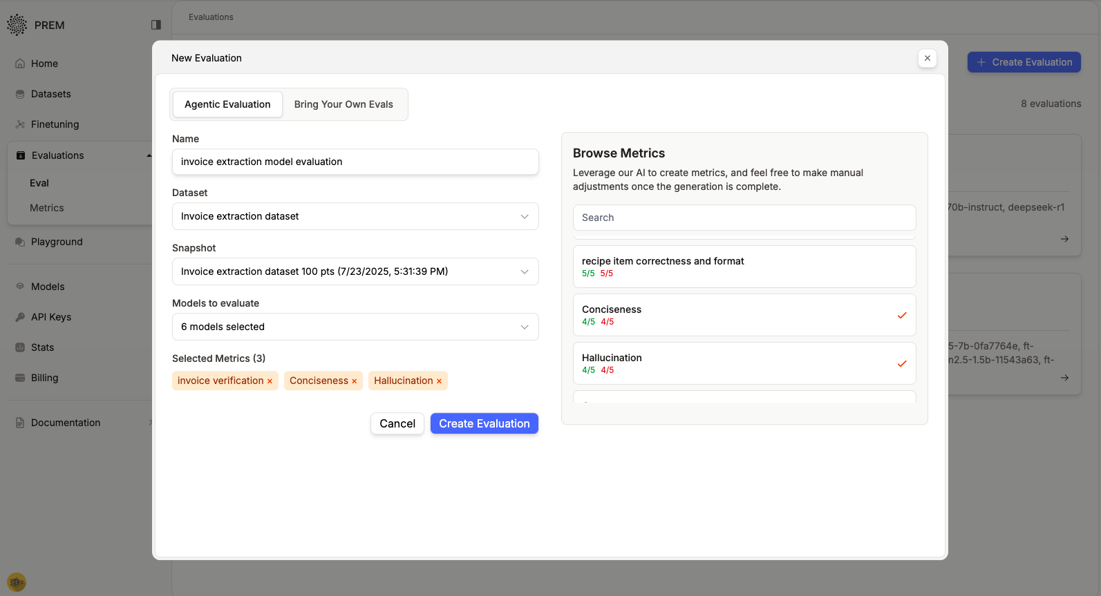 Configuring evaluation parameters