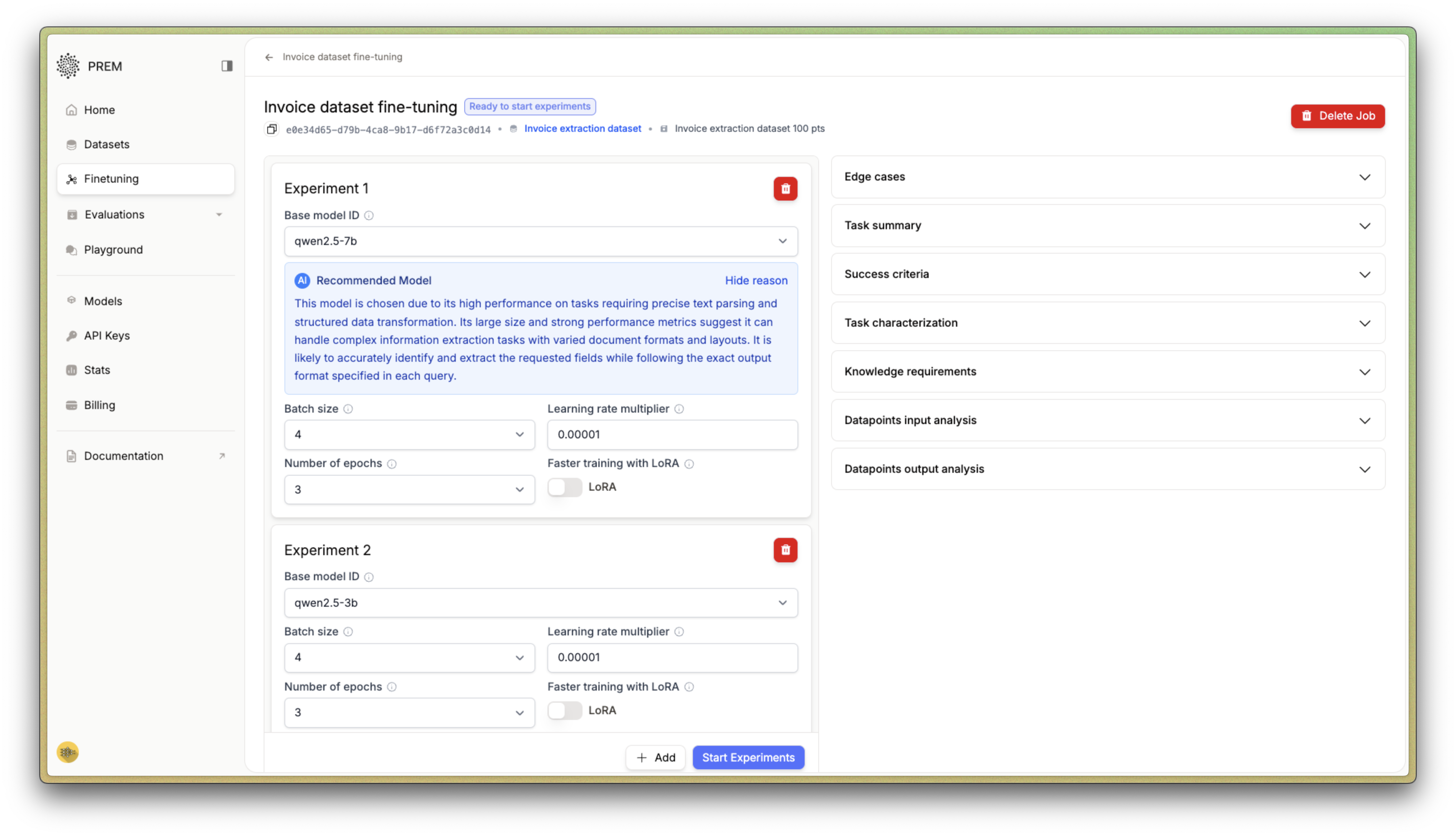 Model recommendations and dataset analysis