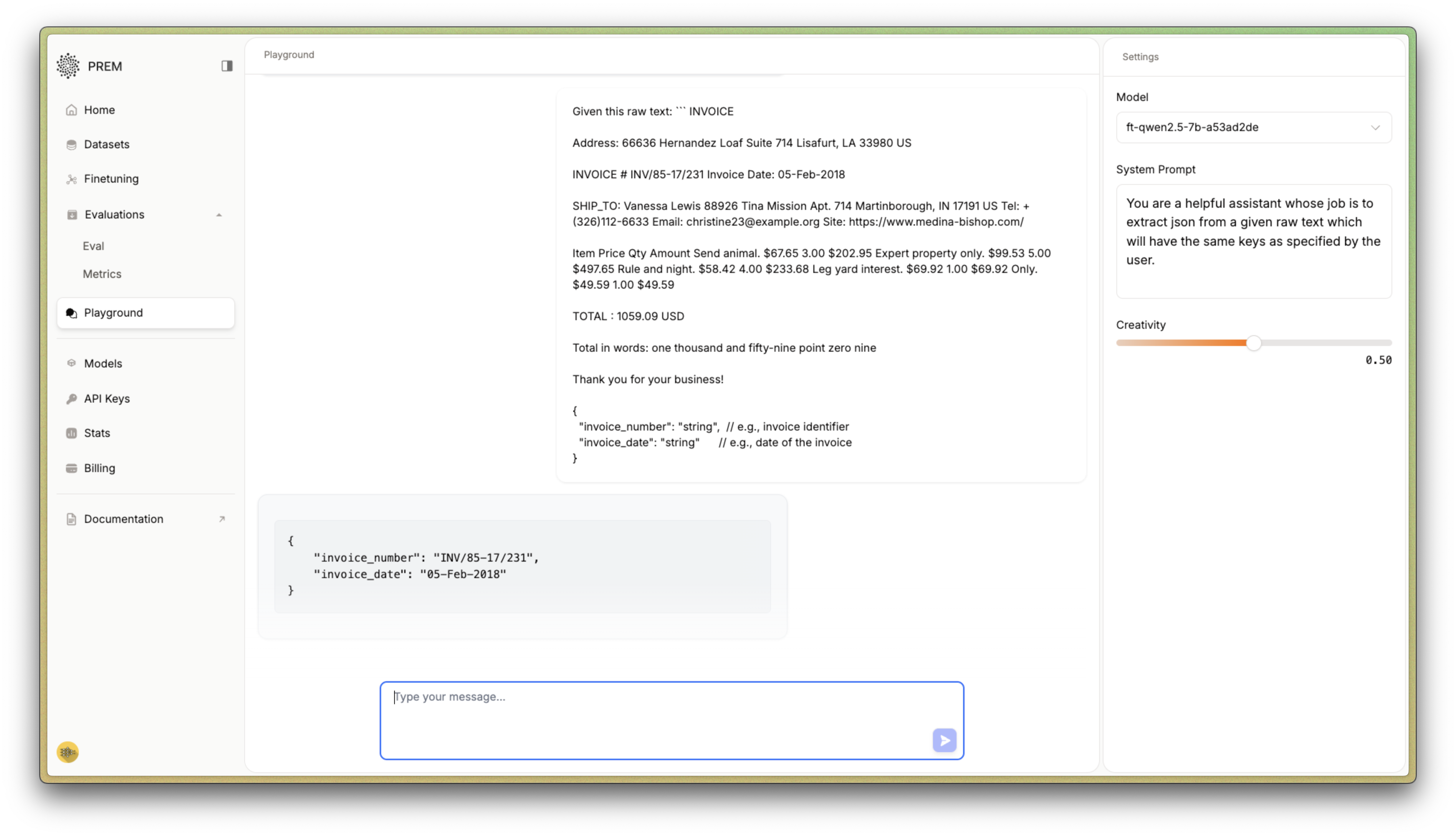 Testing the fine-tuned model in Prem Playground