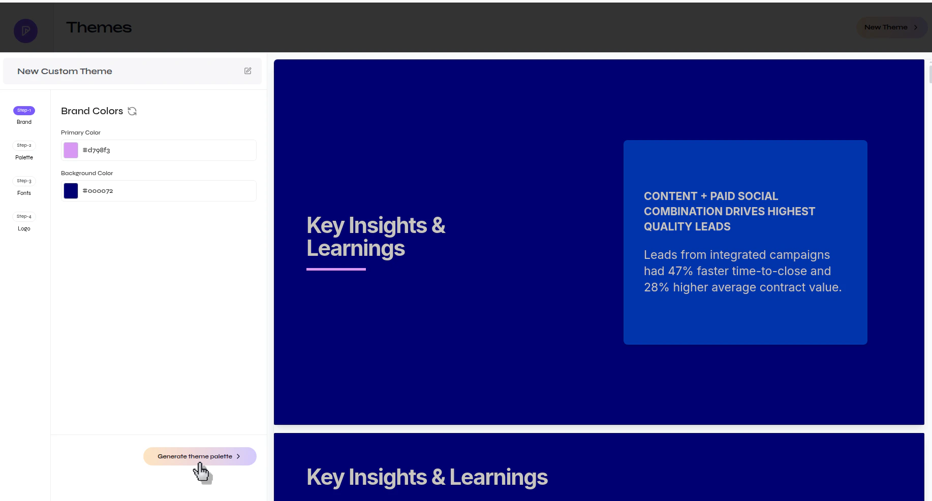 Presenton New Custom Theme flow on the Brand step with Primary Color and Background Color fields and a Generate theme palette button