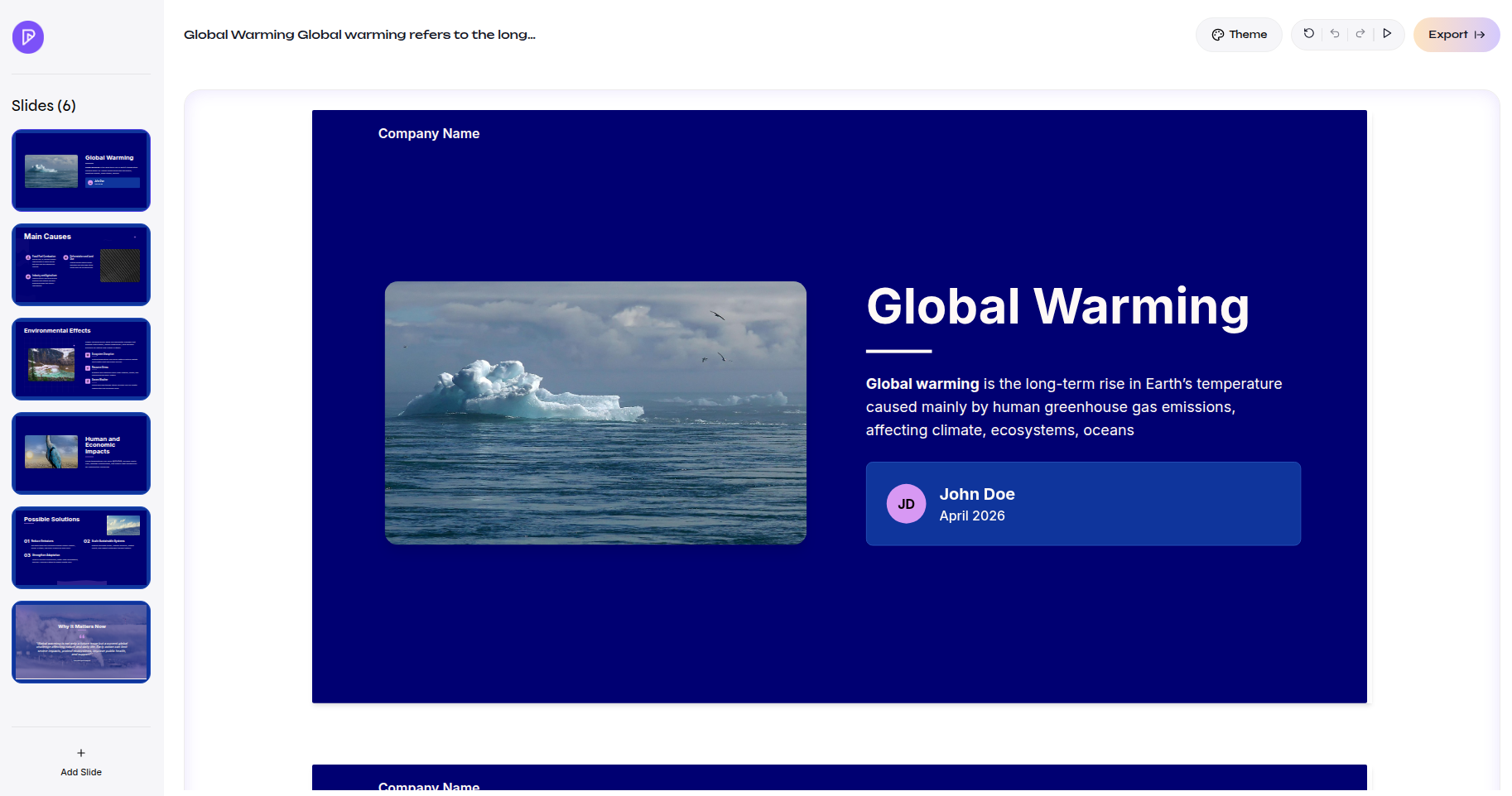 Presenton presentation editor showing a presentation updated with the newly applied custom theme
