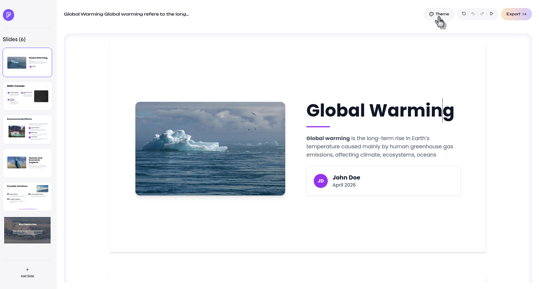 Presenton presentation editor with the Theme button highlighted in the top toolbar