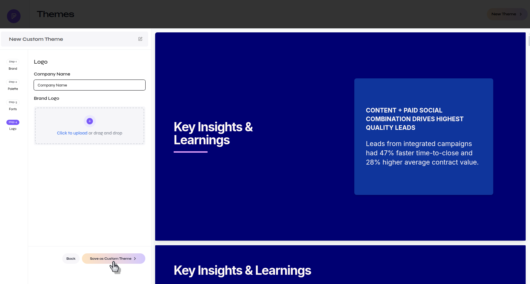 Presenton final theme step showing fields for Company Name and Brand Logo and the Save as Custom Theme button