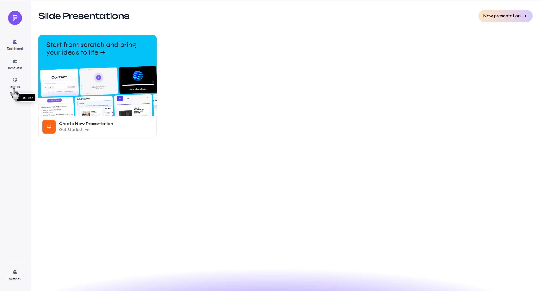 Presenton Slide Presentations page with the Themes option highlighted in the left sidebar