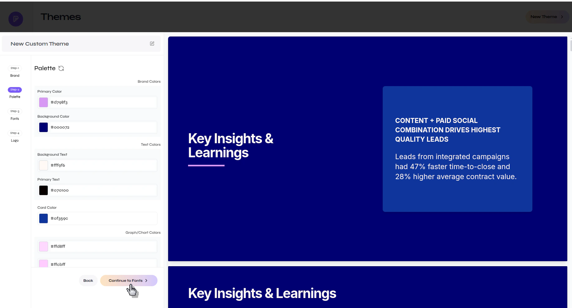 Presenton Palette step showing generated color values for text, cards, and graph or chart colors with a Continue to Fonts button