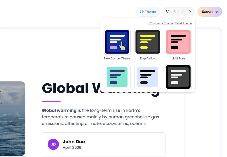 Presenton theme picker open in the presentation editor with the new custom theme visible among the available themes