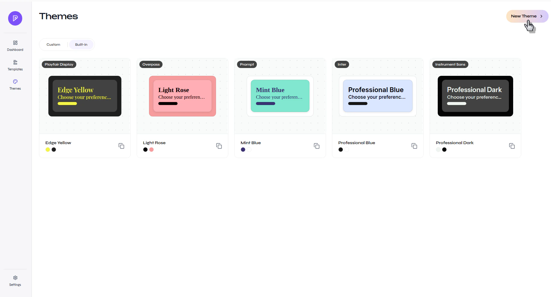 Presenton Themes page showing built-in themes and the New Theme button in the top-right corner