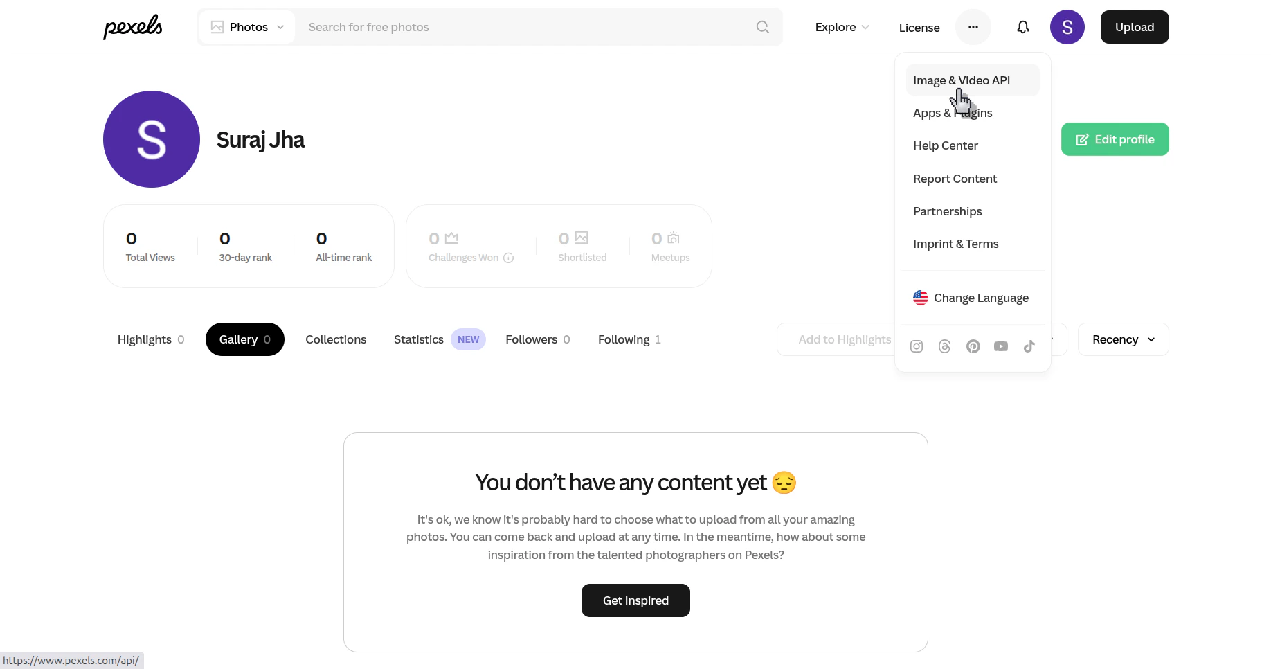 Pexels account page with the account menu open and the Image and Video API option highlighted