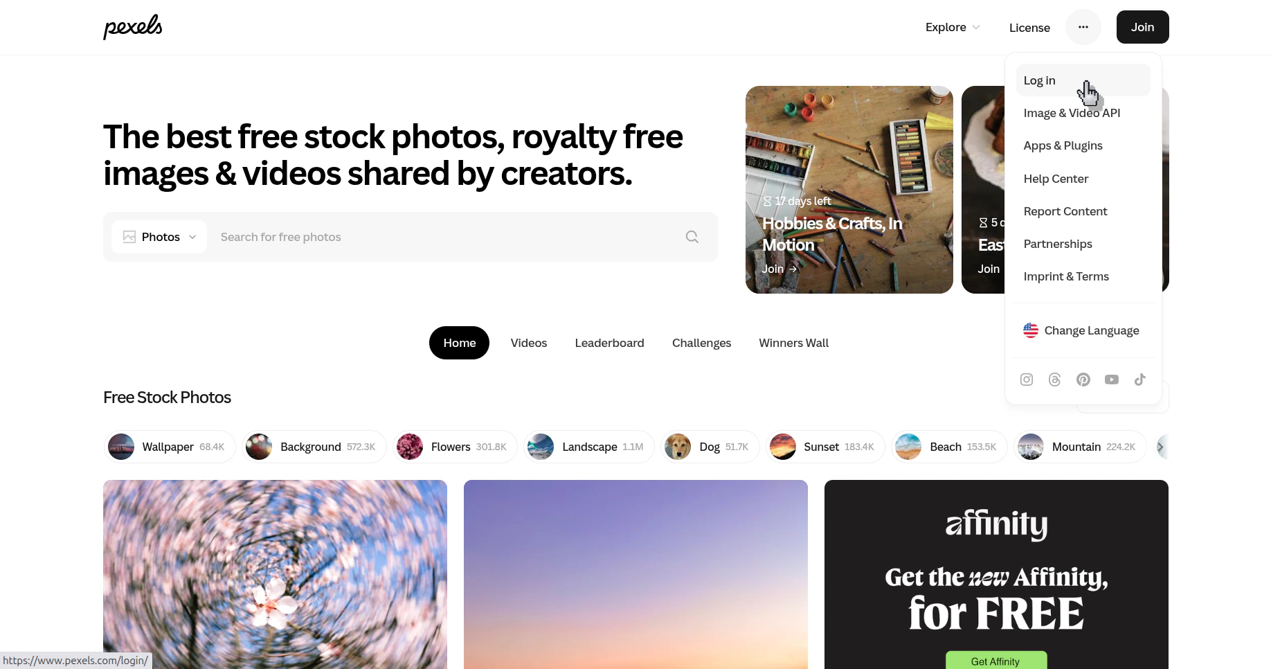 Pexels home page with the account menu open and the Log in option visible
