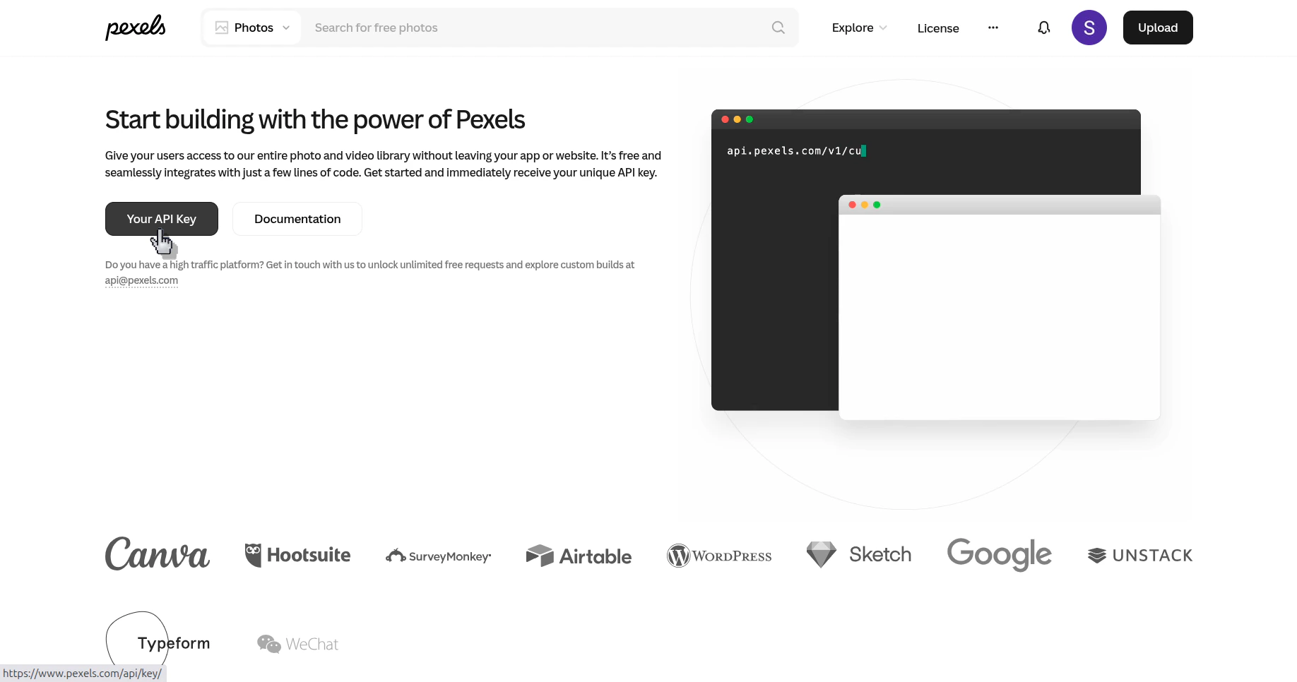 Pexels API page with the Your API Key button visible