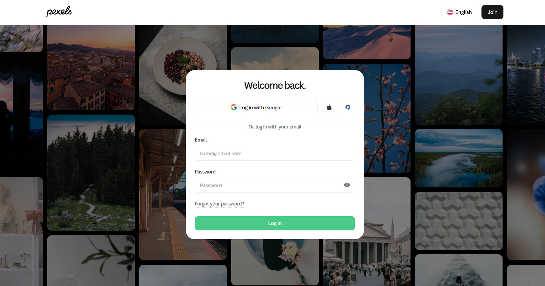 Pexels login page with email and password fields and sign-in options