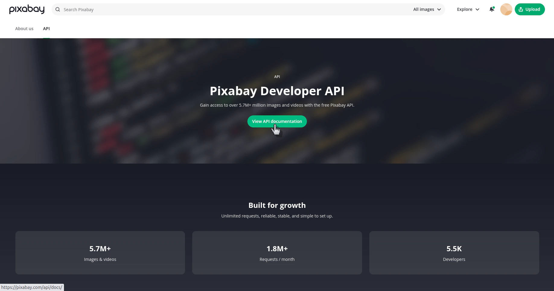 Pixabay Developer API page with the View API documentation button visible