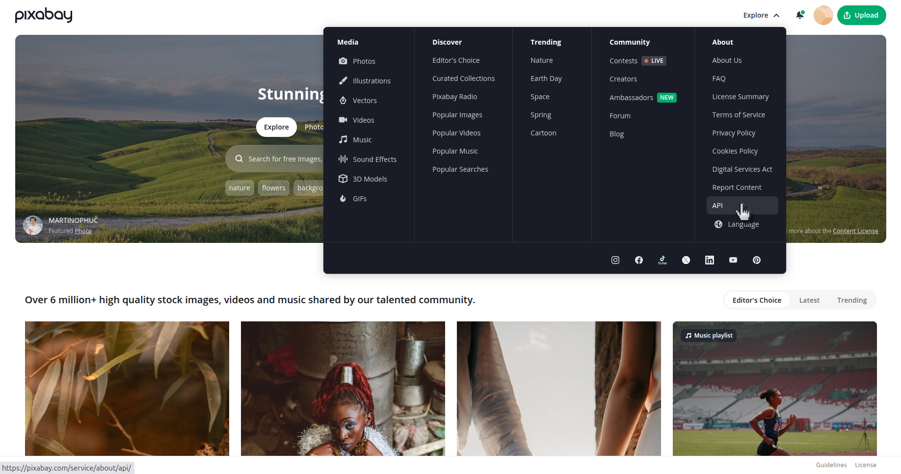 Pixabay navigation menu open with the API link visible in the About column