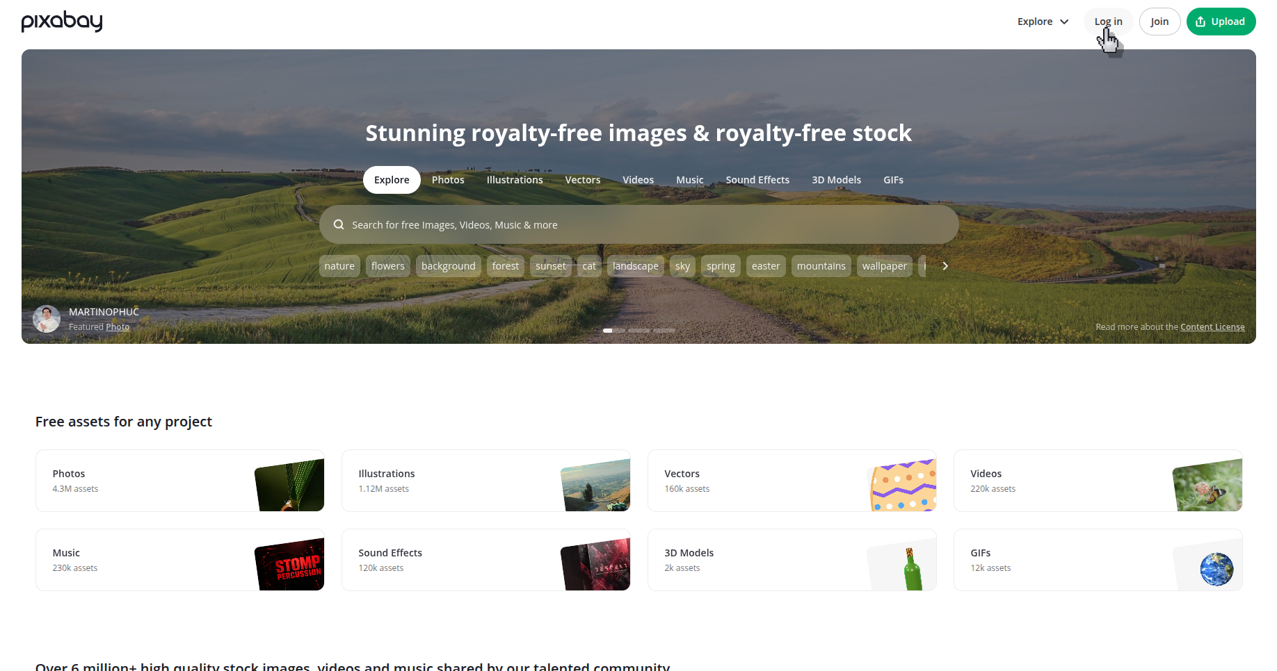 Pixabay home page with the Log in button visible in the top-right corner