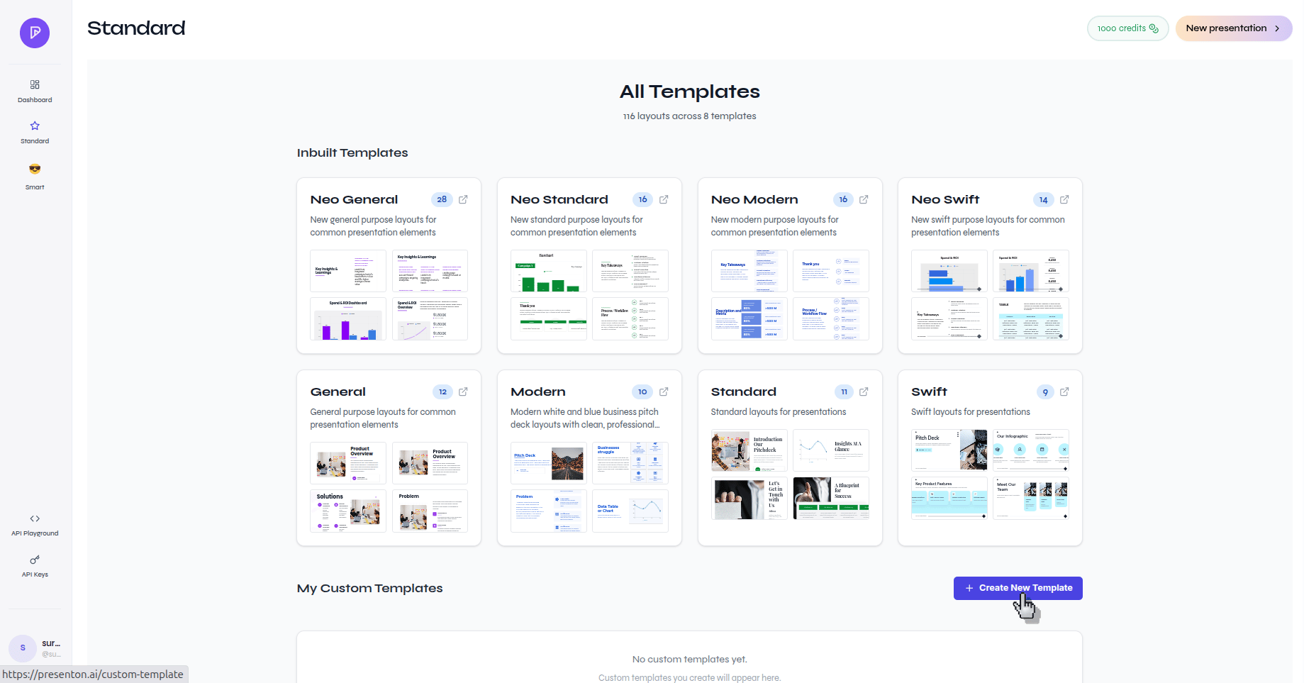 Template library with Create New Template