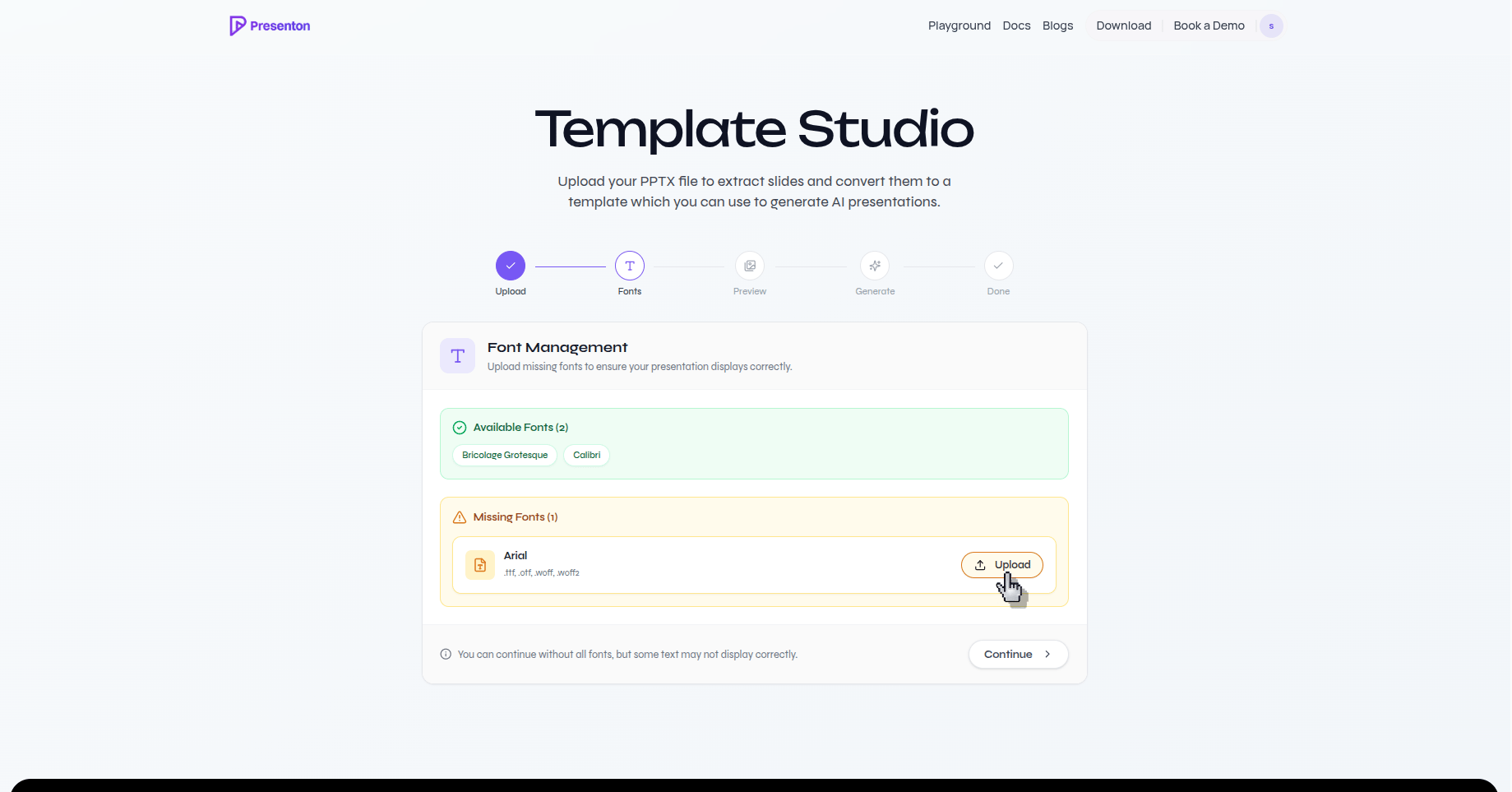 Template Font Management screen with a missing font upload action
