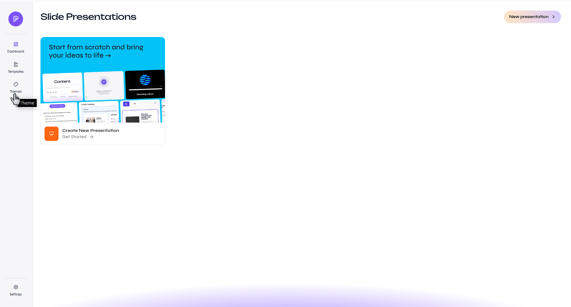 Presenton Slide Presentations page with the Themes option highlighted in the left sidebar