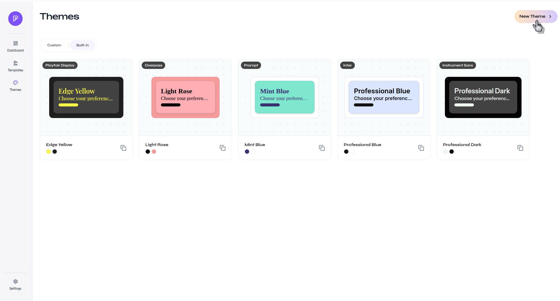 Presenton Themes page showing built-in themes and the New Theme button in the top-right corner