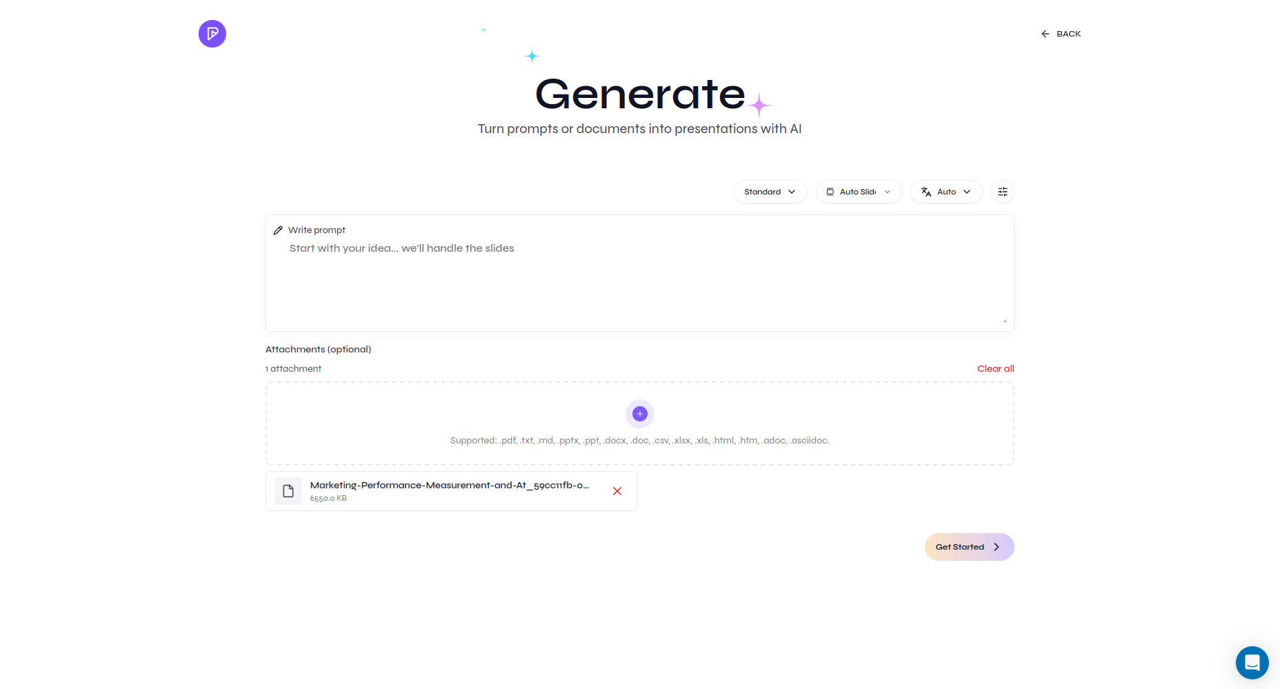Presenton Generate page showing one uploaded document in the optional attachments area and the Get Started button
