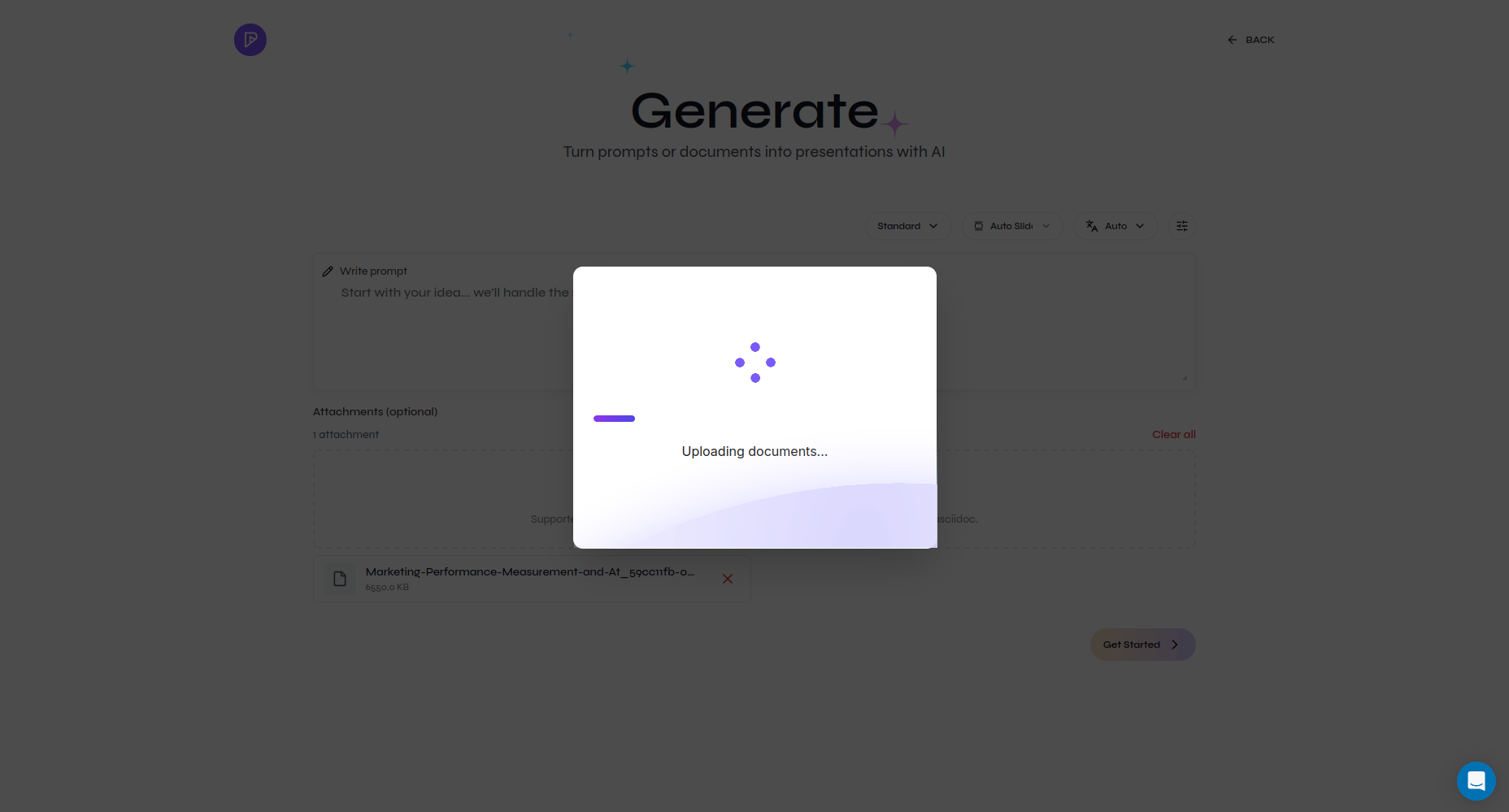Presenton Generate page with an Uploading documents progress dialog
