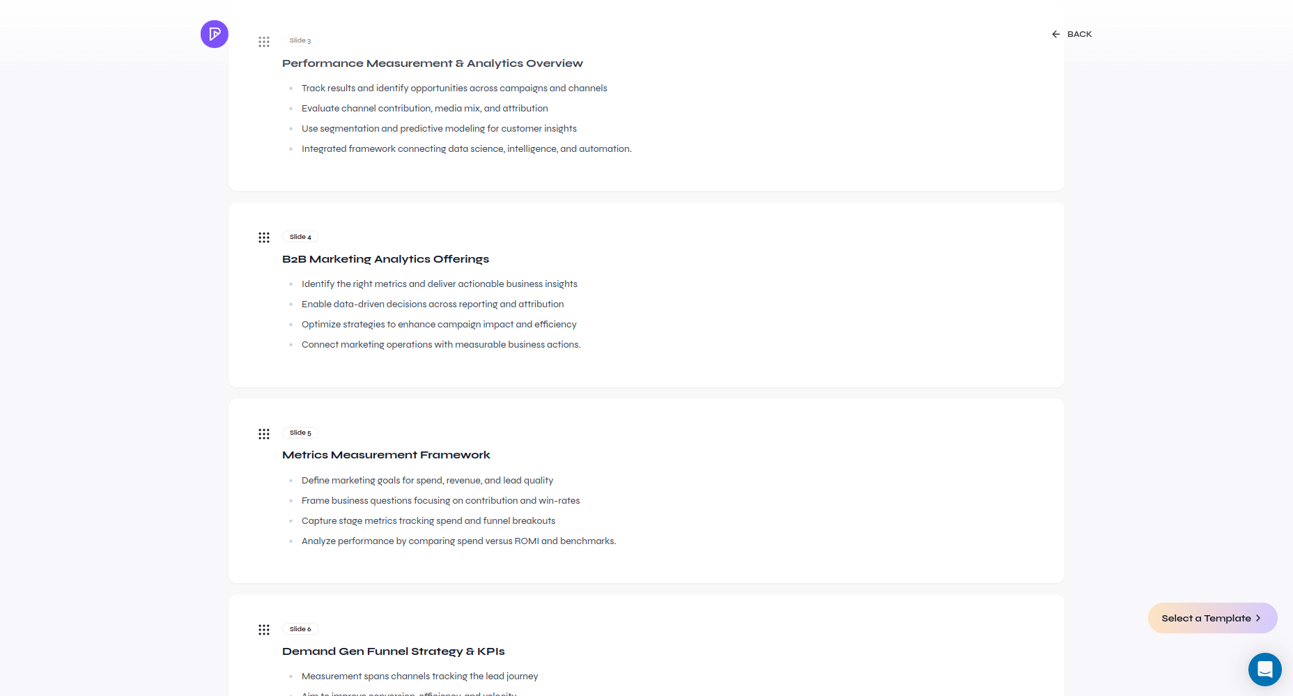 Presenton outline showing editable slides generated from a marketing performance document and the Select a Template button