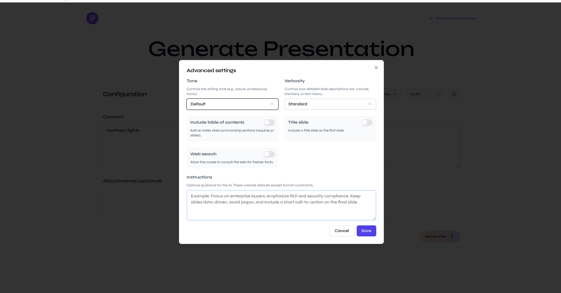 Presenton Advanced settings dialog with tone, verbosity, table of contents, title slide, web search, and instructions controls