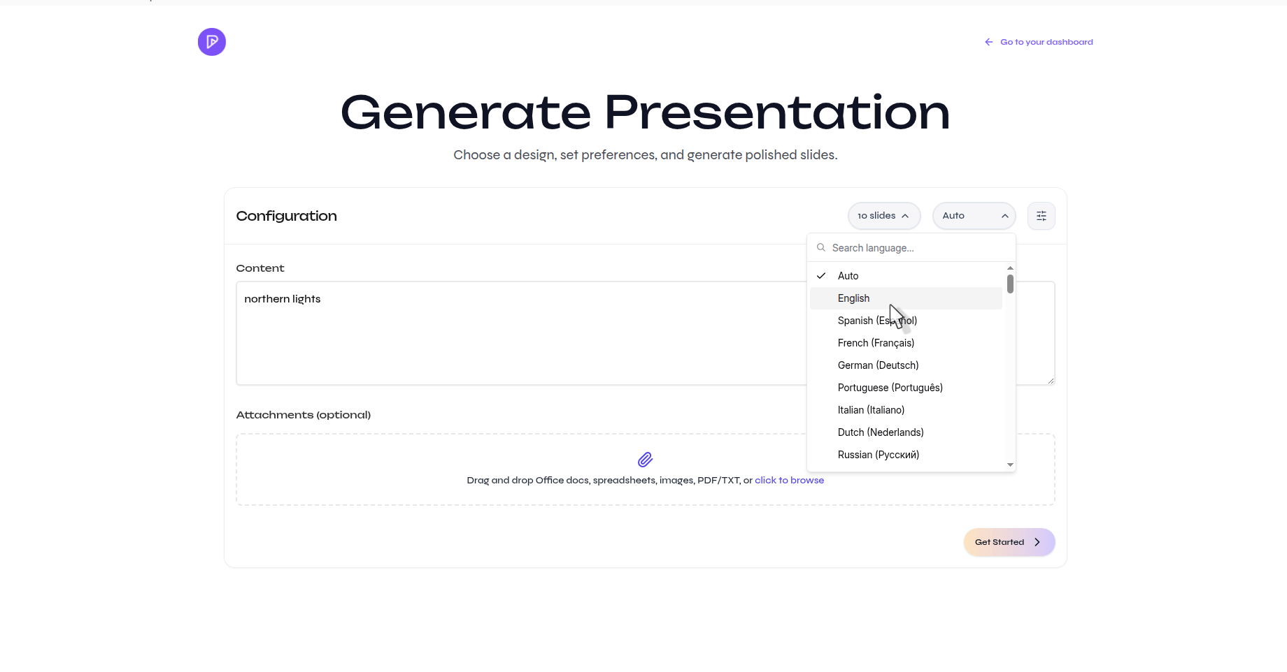 Presenton Generate page with the language menu showing Auto, English, Spanish, French, German, Portuguese, Italian, Dutch, and Russian