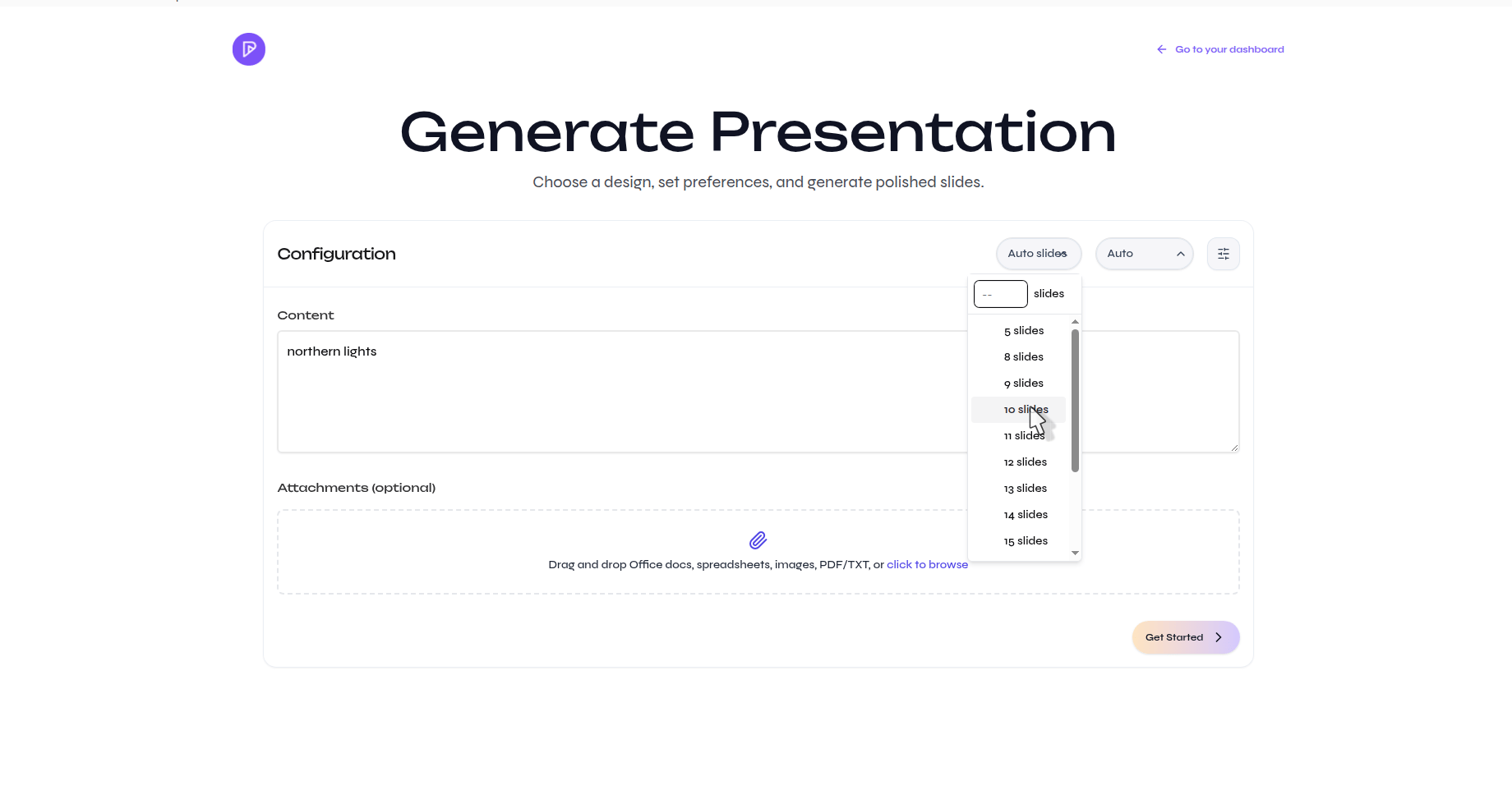 Presenton Generate page with the slide-count menu open and fixed slide-count options visible