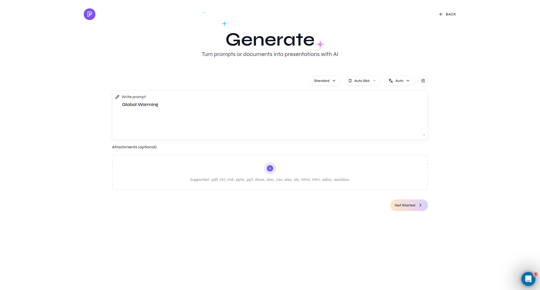Presenton Generate page with a prompt field, optional attachment area, generation settings, and Get Started button