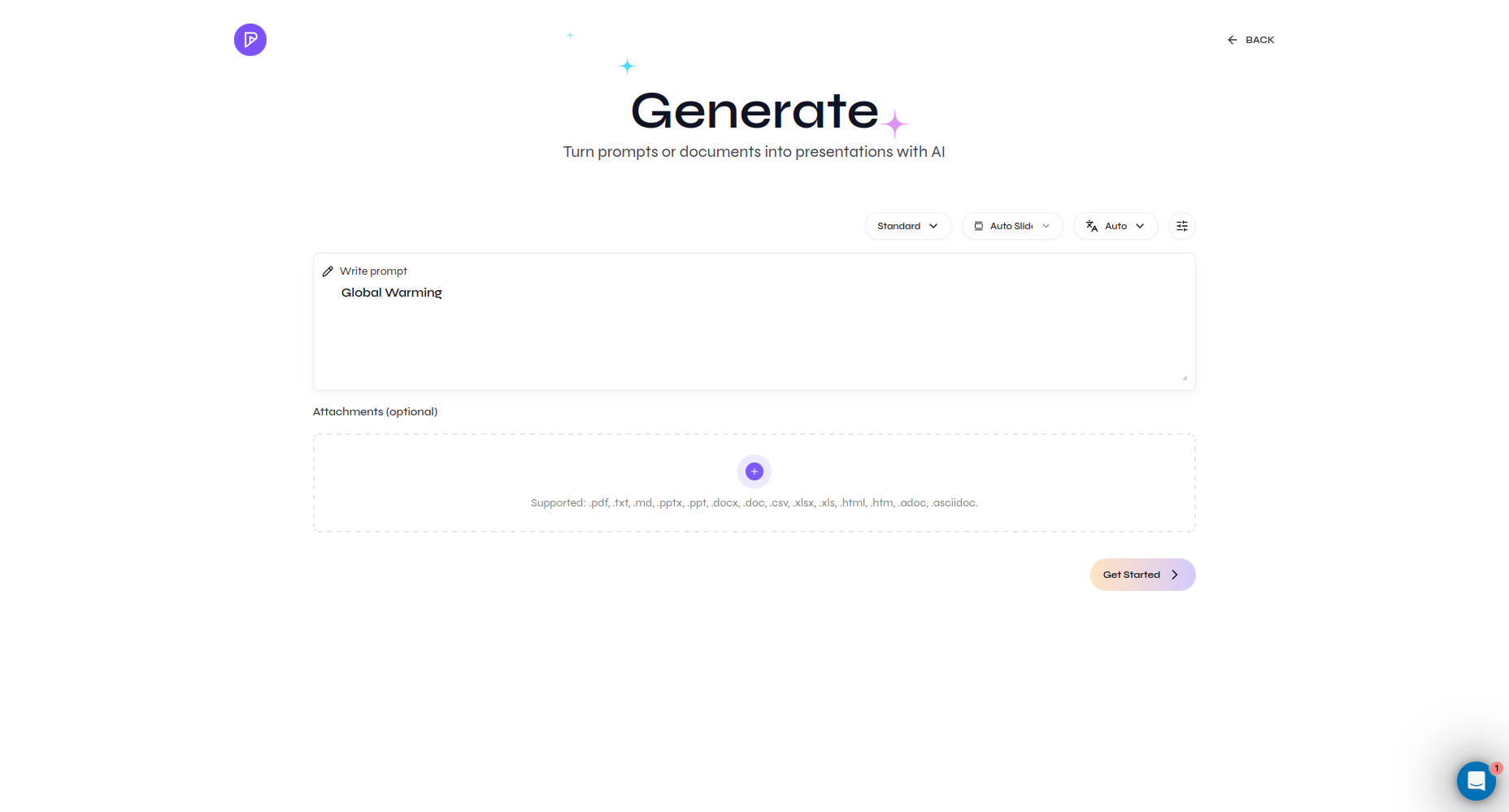 Presenton Generate page with Global Warming entered in the prompt field