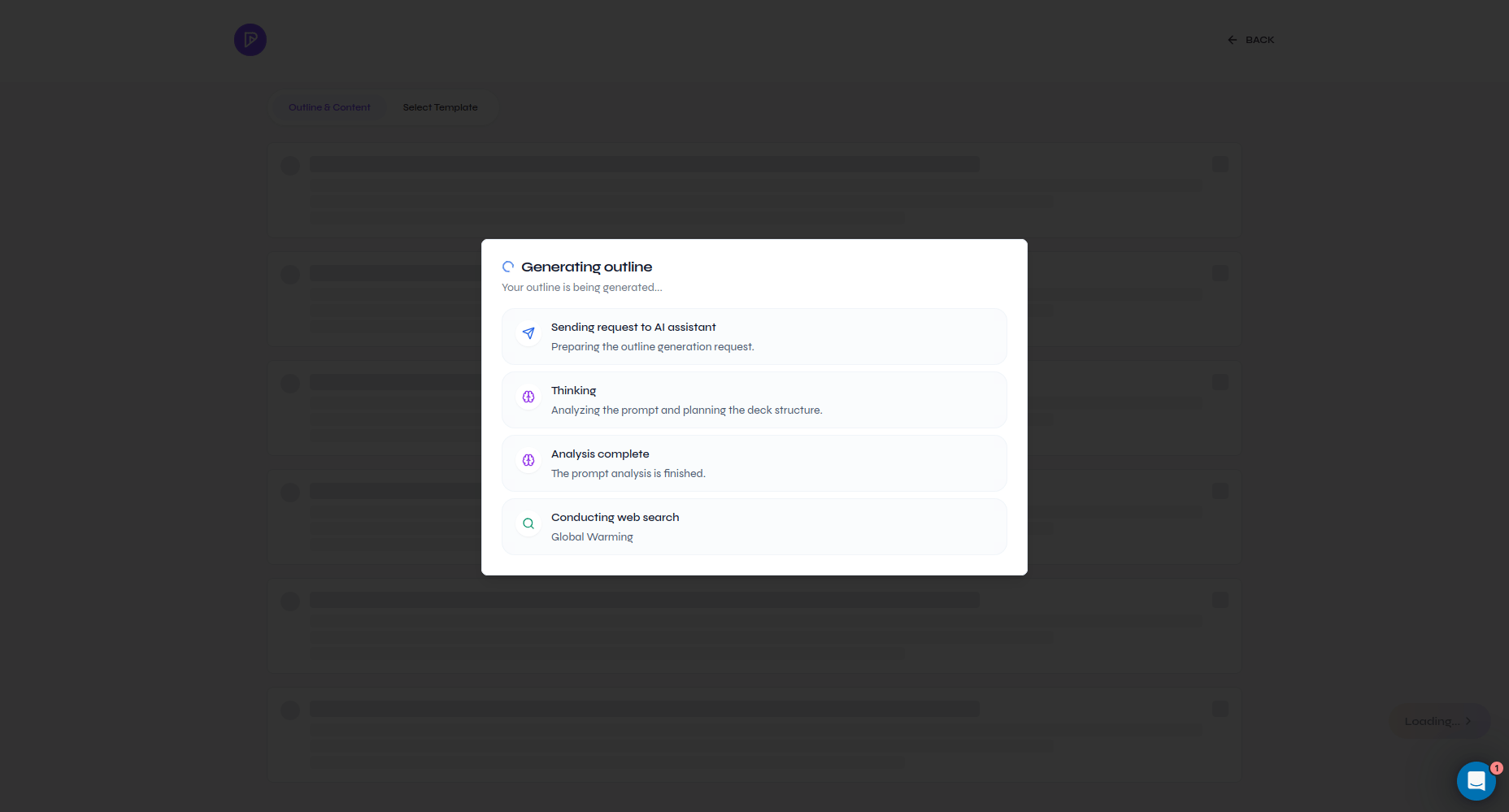Generating outline dialog showing prompt analysis and web-search progress