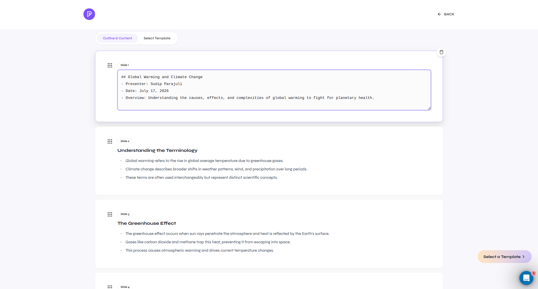 Editable presentation outline with slide content, drag handles, and a delete control