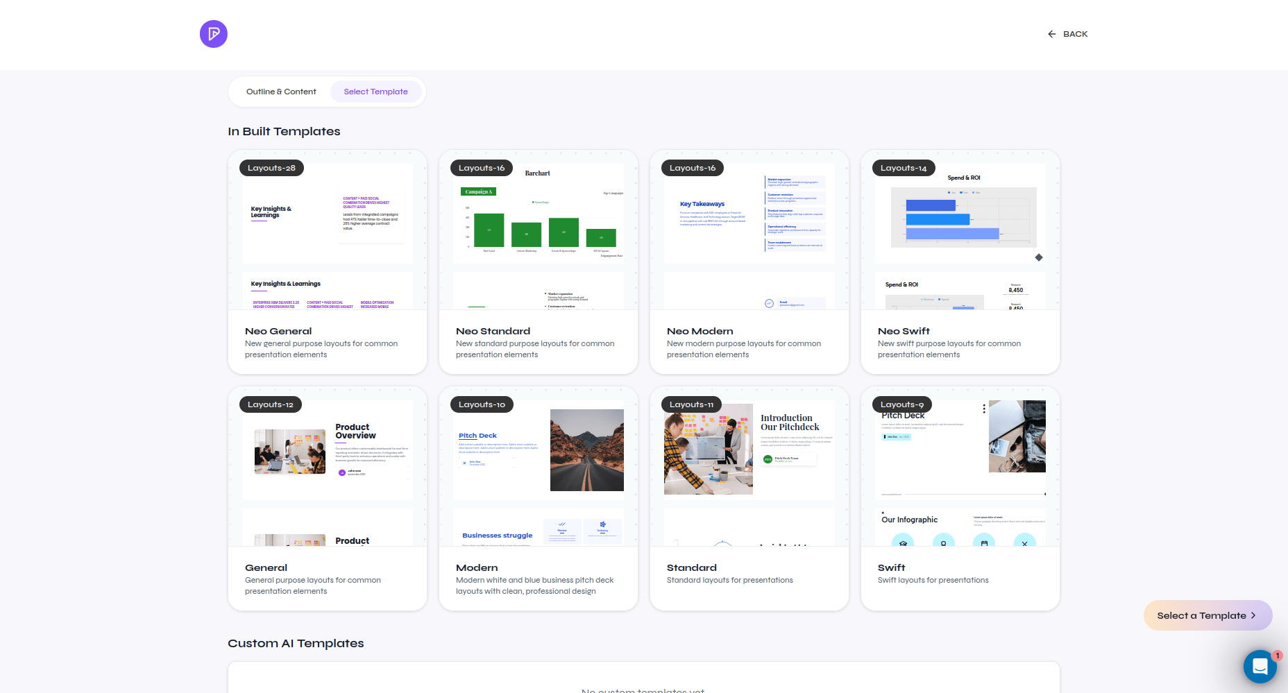 Presenton template gallery showing several built-in templates and the Select a Template button