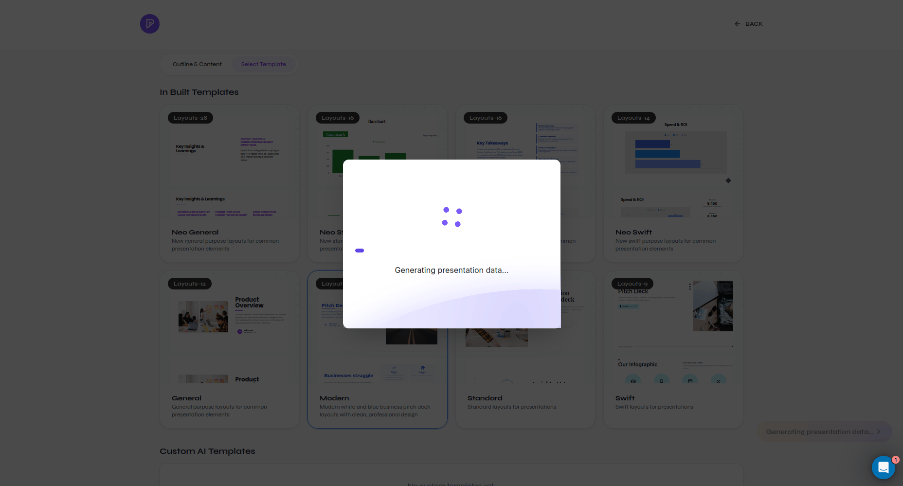 Generating presentation data dialog displayed over the selected template gallery