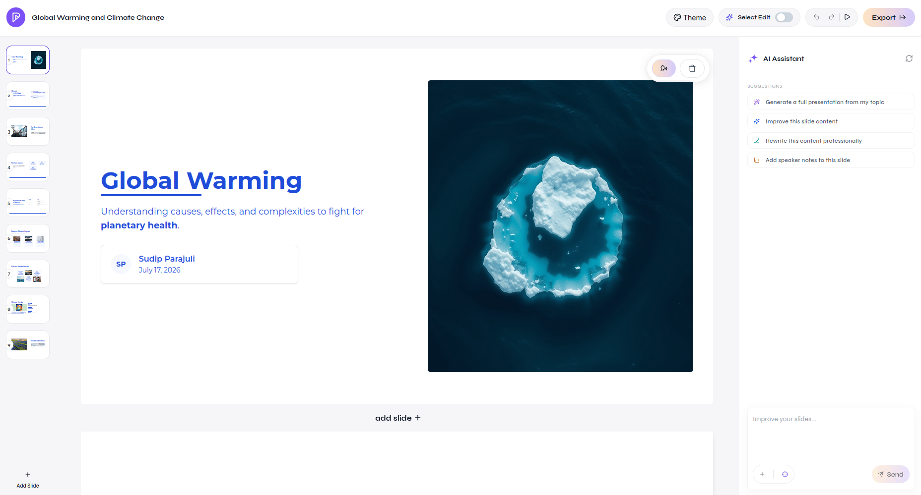 Presenton editor showing a generated global warming presentation with slide thumbnails and the AI Assistant
