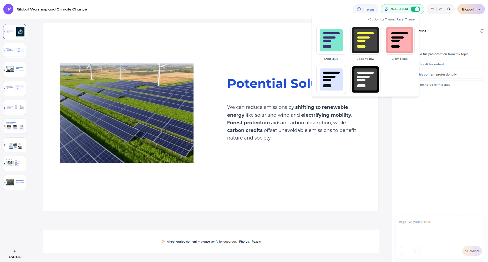 Presenton Theme menu showing several color themes and the Customize Theme option