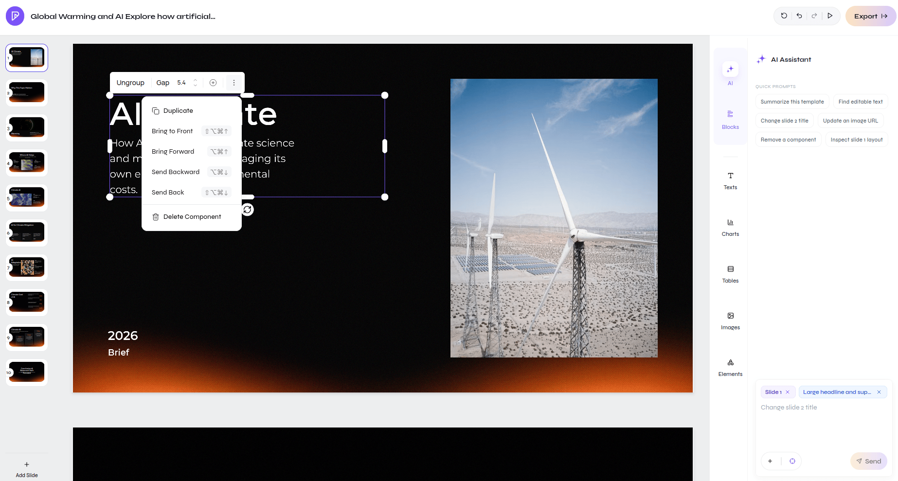 Presenton canvas with a grouped headline selected, its component actions menu open, slide thumbnails on the left, and the AI assistant on the right