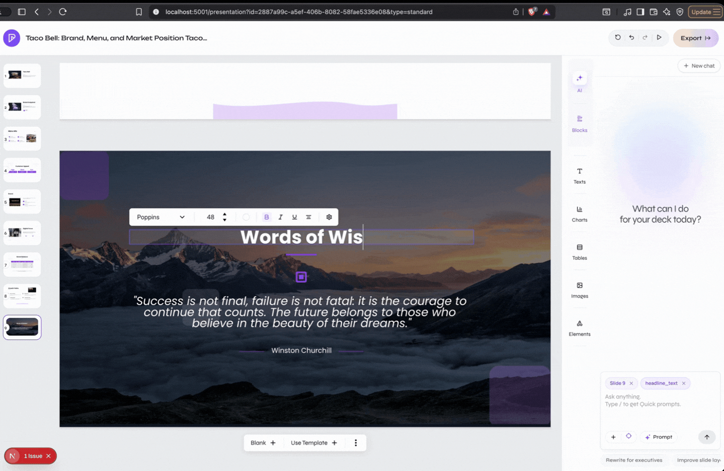 Editing a heading directly on the Presenton canvas with the inline text formatting toolbar