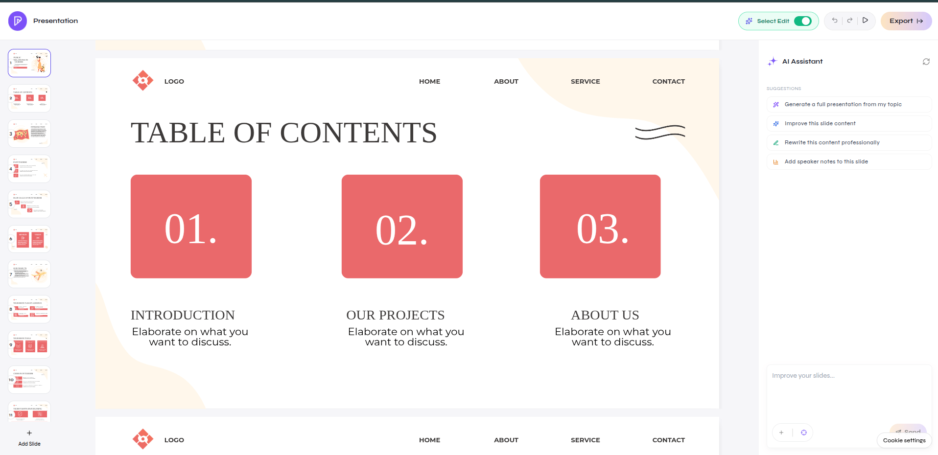 Imported PowerPoint presentation open in the Presenton Editor with Select Edit and AI Assistant