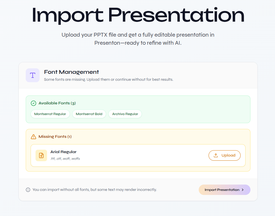Font Management showing available fonts and one missing font