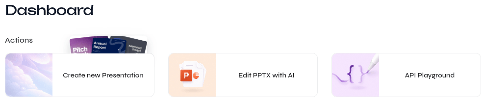 Cloud dashboard showing Create new Presentation, Edit PPTX with AI, and API Playground