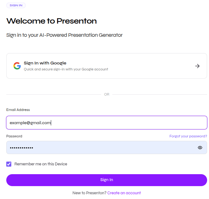 Presenton Cloud registration and login page