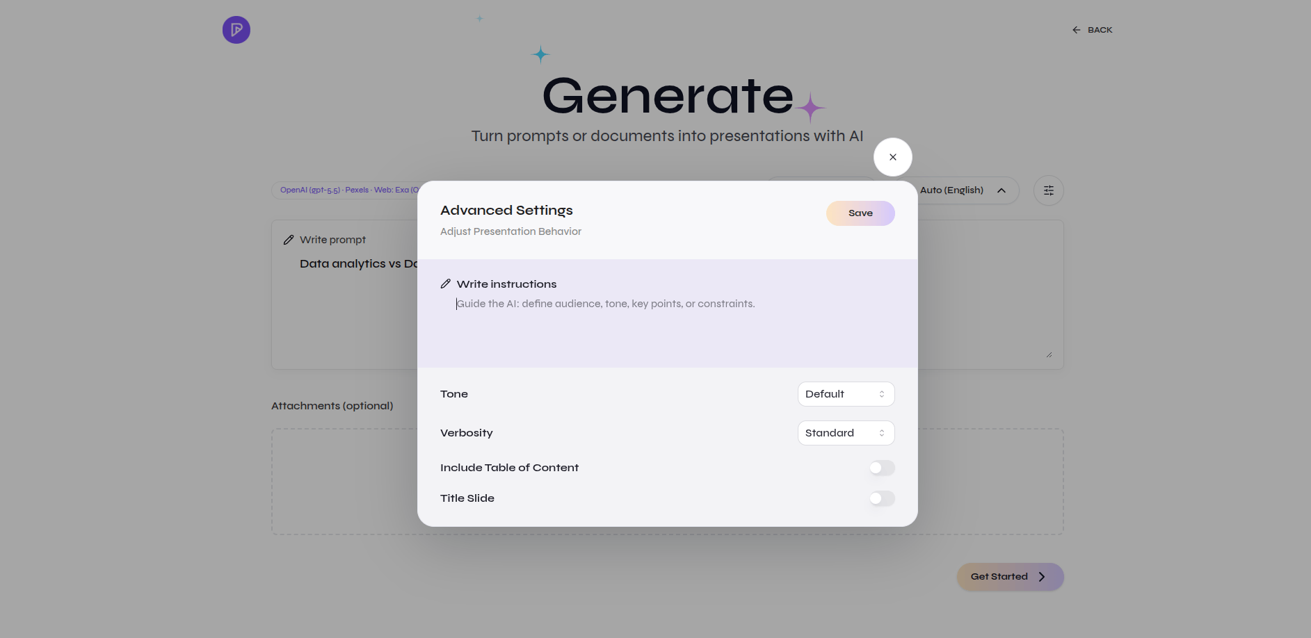 Open-source Advanced Settings modal with instructions, tone, verbosity, table of contents, and title slide